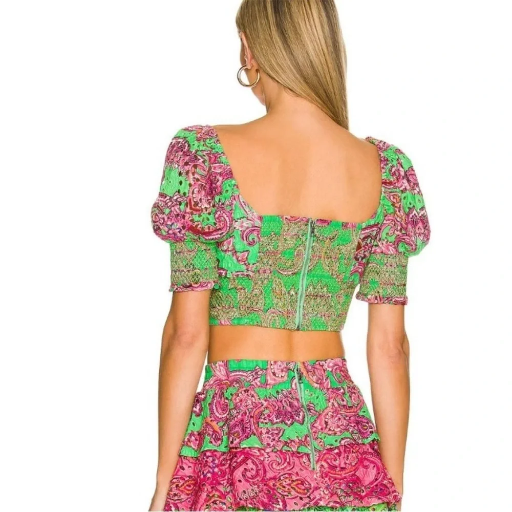 Alice + Olivia Crawford 100% Cotton Eyelet Smocked Top - Picture 3 of 9